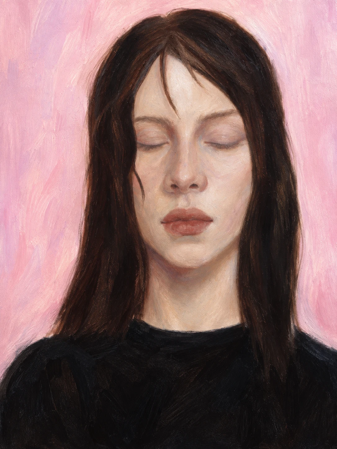 A painted portrait with dark hair, closed eyes, and a luminous pink background.