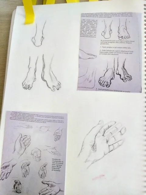 Hand and foot drawing practice alongside pasted reference images. The references are study material.