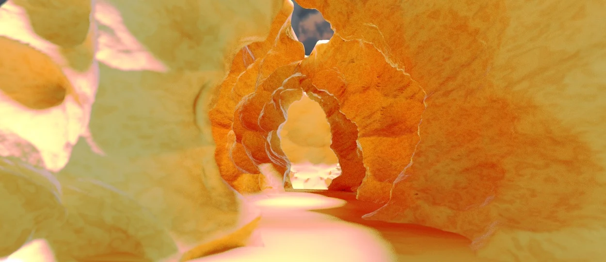 Antelope Canyon rebuilt in 3D: sandstone walls curving around a shaft of light.