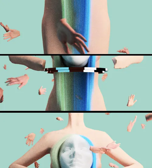 A three panel experiment with a body, hands, color, and reflection.