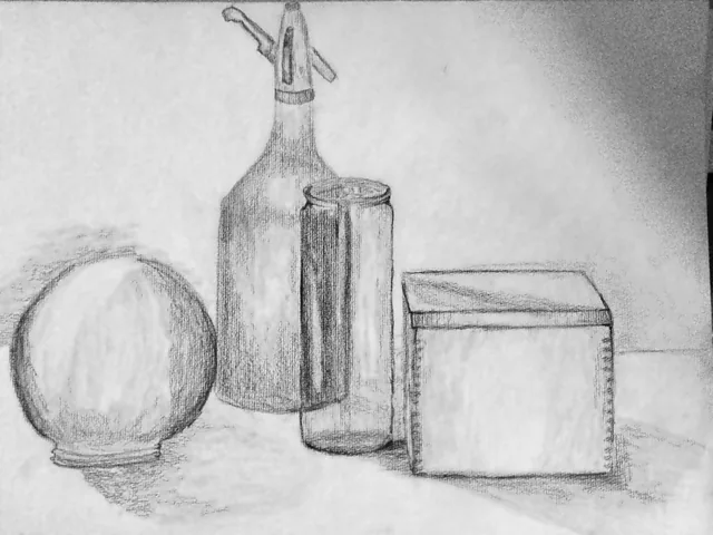 Bottle and box still life. An early pencil study.