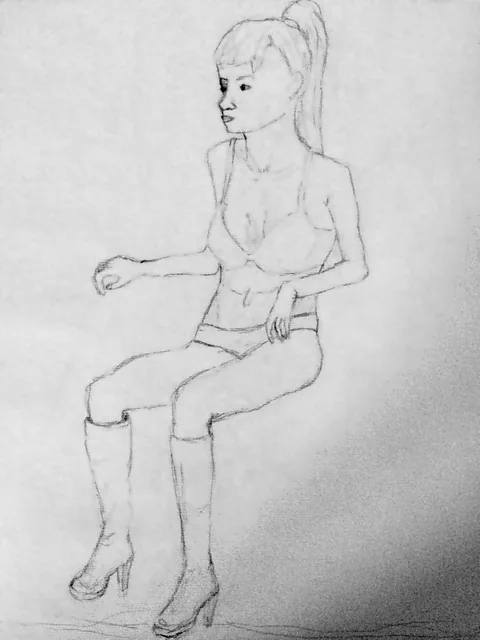 Seated fashion figure. An early pencil study.