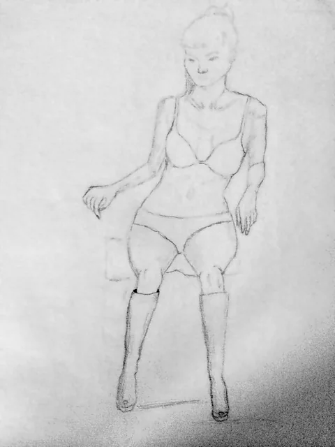 Front facing seated figure. An early pencil study.