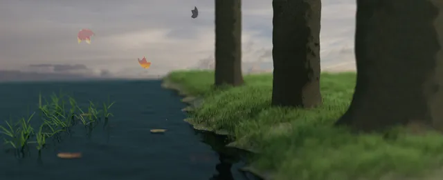 Water, trees, grass, and drifting leaves in an early environment study.