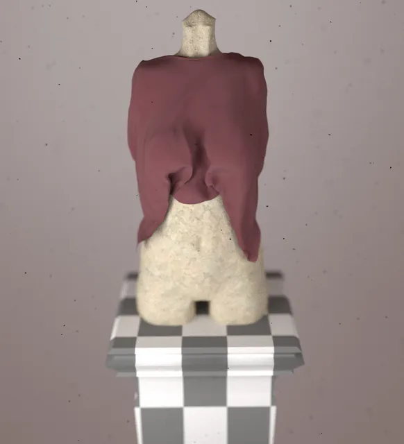 A burgundy garment on a torso model: an early cloth and material study.