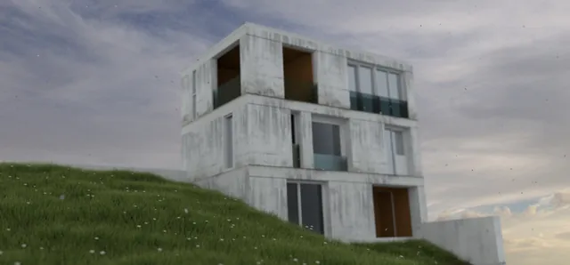 Concrete tower in grass. An early 3D study.