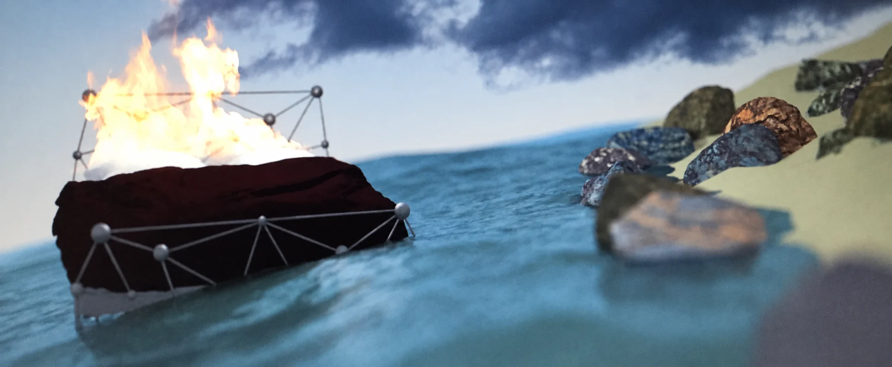 A burning raft beside a rocky coastline, preserved in a photograph of the original render on a screen.