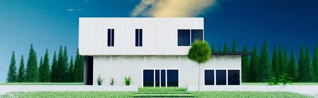 A white modern house set against a forest edge.
