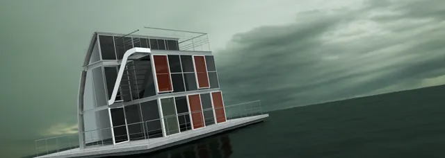 An angular glass house on water, with colored shutters and exterior stairs.