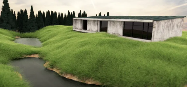 A low concrete house beside small pools in rolling grass.