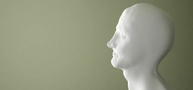 A clay style head study in profile.