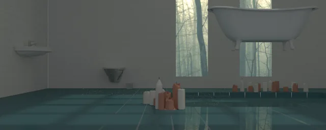 A floating bathtub in a dark room with windows facing the forest.