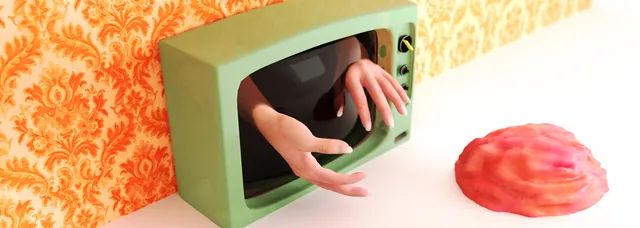 Hands reach through a green television toward a pink form that resembles a brain.
