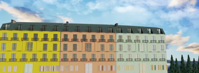 A row of yellow, peach, and mint facades under a blue sky.