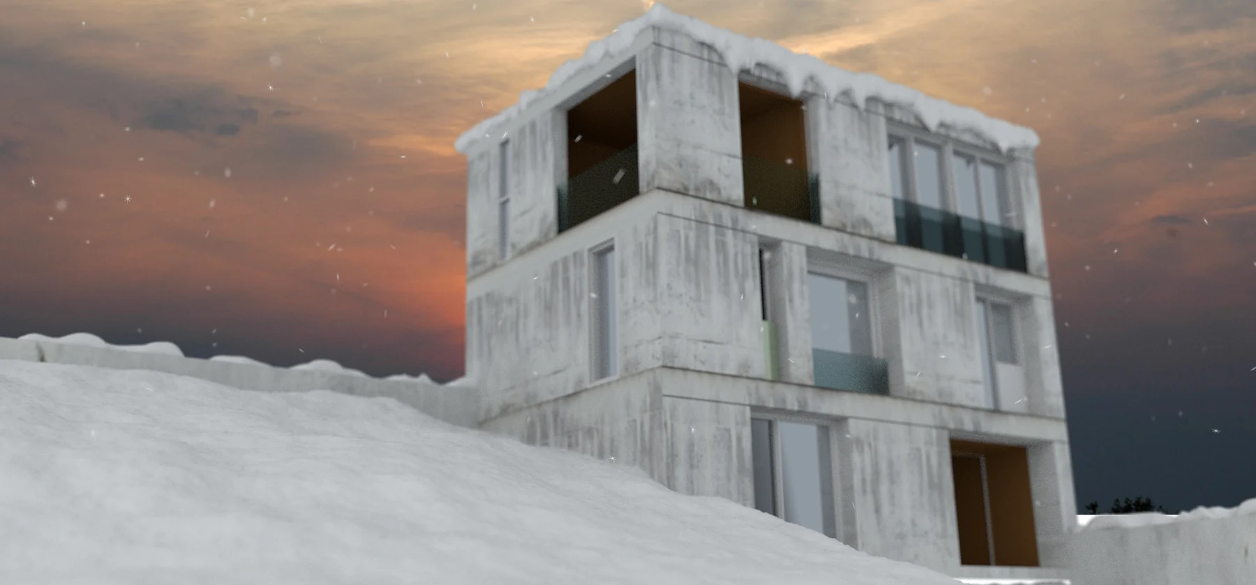 A concrete building in a snowy landscape at dusk.