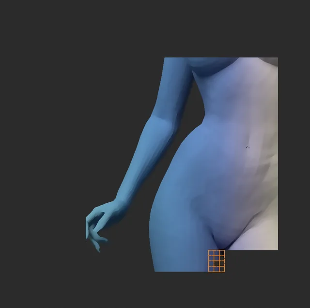 A blue lit 3D figure study showing the torso, arm, and hand, with faceted surfaces and a checkerboard render background.