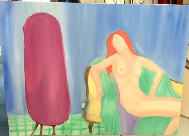 A red haired figure on a green chair beside a tall pink mirror, on a blue ground.