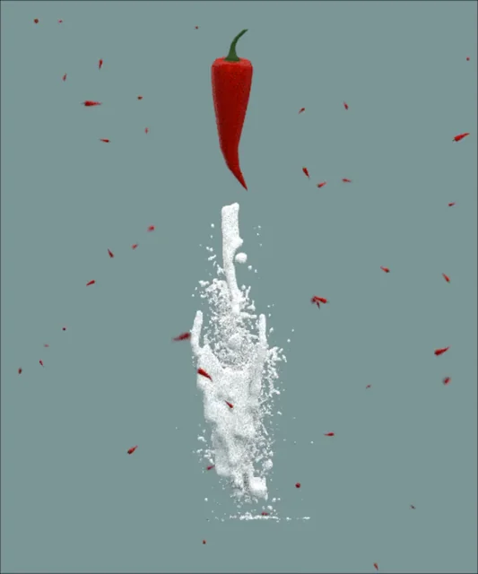 A red pepper suspended above a rising and falling white splash. The word “soul” appears in the animation.