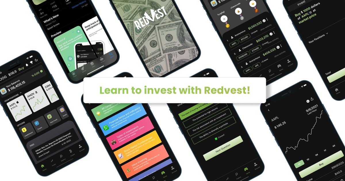 Redvest screens showing lessons, quizzes, market charts, and a simulated portfolio